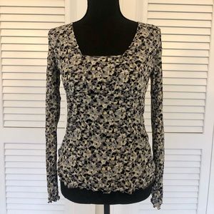Patterned 100% Nylon Yellow, Grey, and Black Blouse with Ruffled Edges
